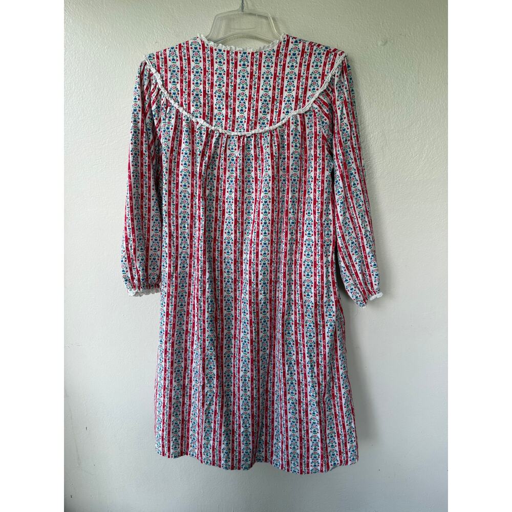Lanz of Salzburg Flannel Small Red Floral Stripe Prairie Nightgown Ruffle Trim - Picture 10 of 13